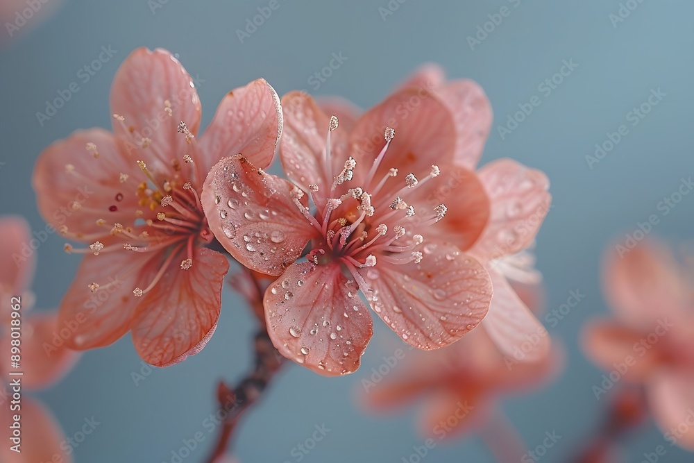 Blossoming Cherry Blossoms with Dewdrops against a Soft Blue Background - Perfect for Spring Prints or Posters