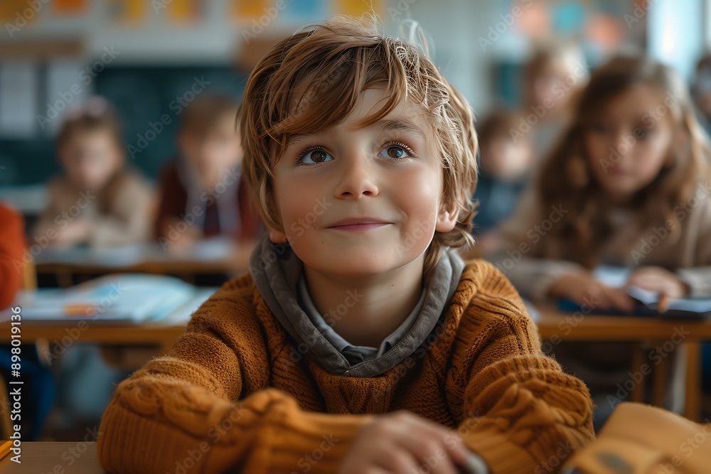 Young Boy Sitting at Desk in Elementary School Classroom Young Boy Sitting at Desk in Elementary School Classroom