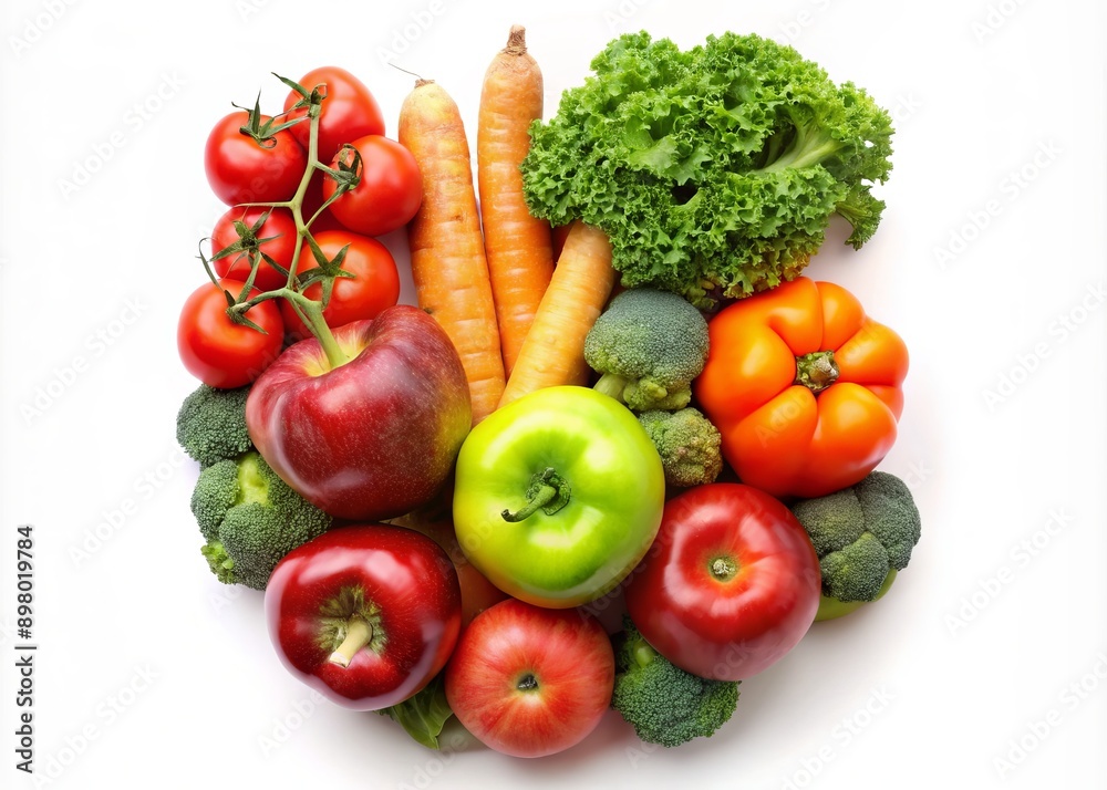 Vibrant arrangement of five colorful fruits and vegetables, including apples, carrots, tomatoes, and broccoli, forming the numeral five, promoting healthy eating habits. Vibrant arrangement of five colorful fruits and vegetables, including apples, carrots, tomatoes, and broccoli, forming the numeral five, promoting healthy eating habits.