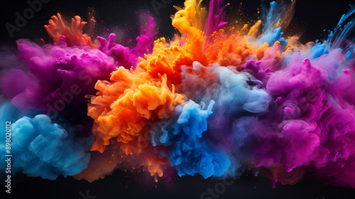 Color powder splash rainbow background paint holi smoke color abstract. Powder color splash explosion dust ink burst splatter white texture isolated black spray party blue wallpaper cloud pink stain.