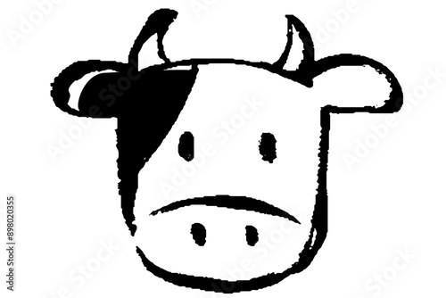 筆タッチの正面を向いたウシの顔のモノクロ線画イラスト