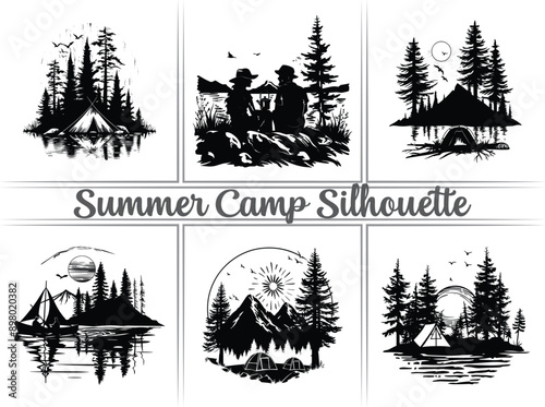 Camping tent silhouette, Tourist mountains tent vector silhouette. The scene depicts a peaceful couple, serene and in love, with their tents.