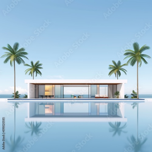 Modern luxury villa with infinity pool and palm trees, overlooking ocean on a clear day. Perfect vacation destination for relaxation and tranquility.