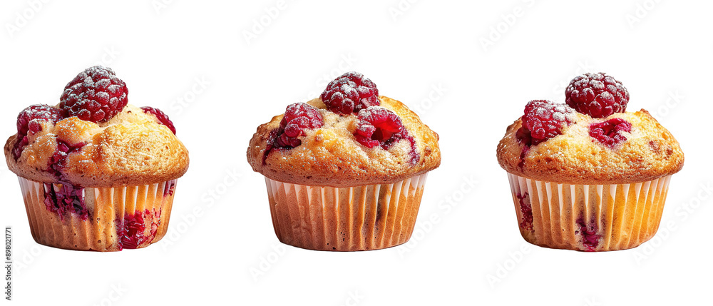 three piece of Raspberry muffins isolated on white background of different muffins. side view three piece of Raspberry muffins isolated on white background of different muffins. side view
