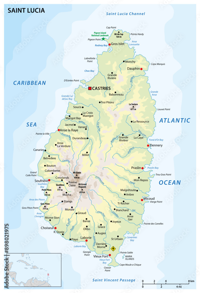 Map of the West Indian island state of Saint Lucia