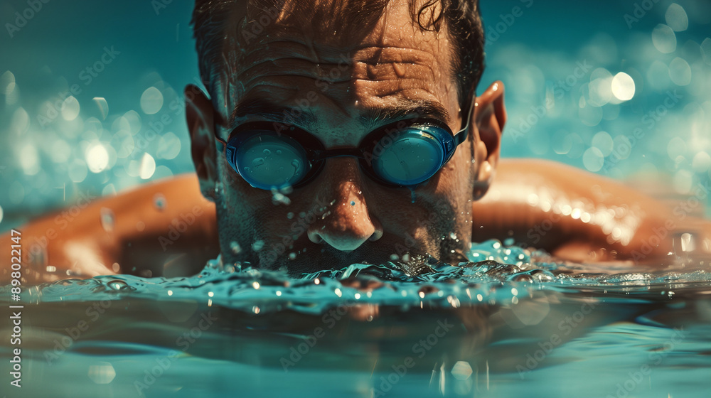 Naklejka premium Professional swimming athlete wearing goggles for international sport competition training championship event