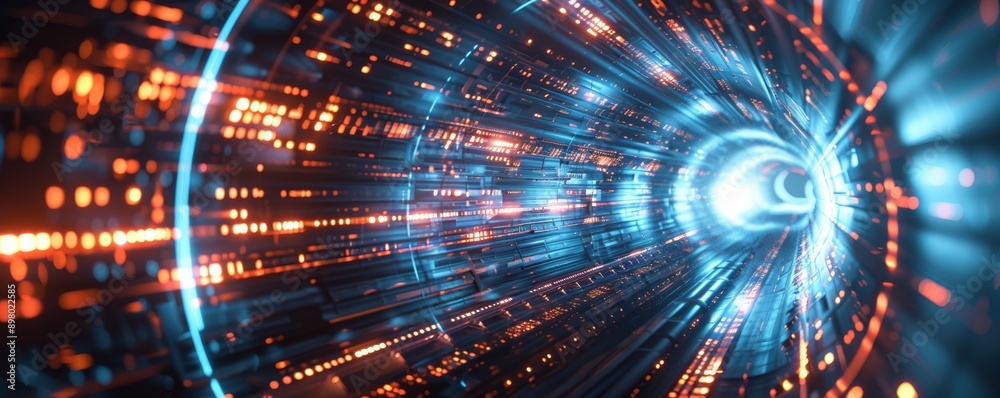 Obraz premium Futuristic digital tunnel with blue and orange lights and high-speed data flow