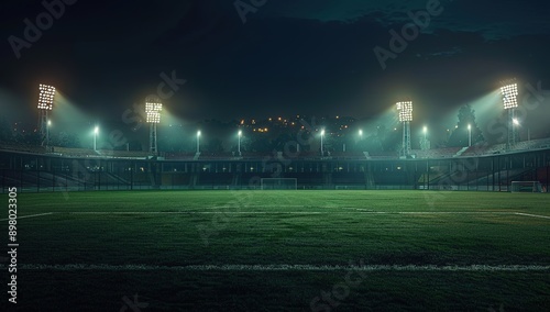Soccer Stadium at Night with Lights on the Field, Wide Angle View, Photorealistic High Resolution, Cinematic and Hyper Realistic Professional Photograph