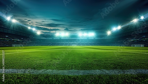 Soccer Stadium at Night with Lights on the Field, Wide Angle View, Photorealistic High Resolution, Cinematic and Hyper Realistic Professional Photograph © Yi
