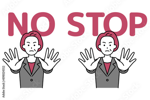 NO/STOP　両手を前に出して制する中年のスーツの女性　セット