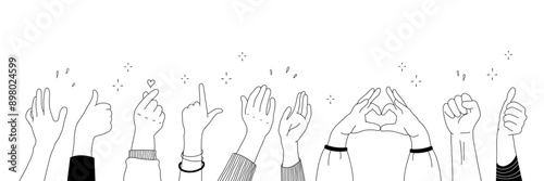Applause hands set in doodle style. Human hands sketch with arms raised in gestures like clapping, thumbs-up and heart-finger symbols on a white background, vector illustration.