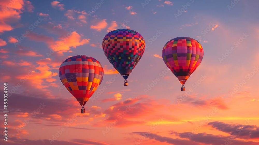 Fototapeta premium Three Colorful Hot Air Balloons Floating at Sunset