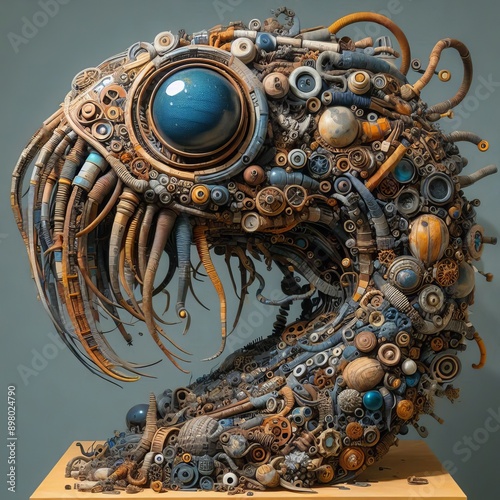 A contemporary sculpture created from found objects and material photo