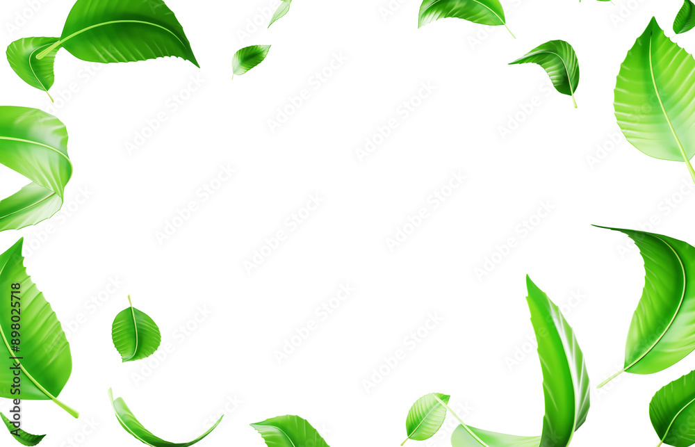 3d background with green leaf falling and flying in air render. Nature eco banner frame with fresh foliage. Decorative sale border of mint or tea leaves with white empty space mockup. 3D illustration 3d background with green leaf falling and flying in air render. Nature eco banner frame with fresh foliage. Decorative sale border of mint or tea leaves with white empty space mockup. 3D illustration
