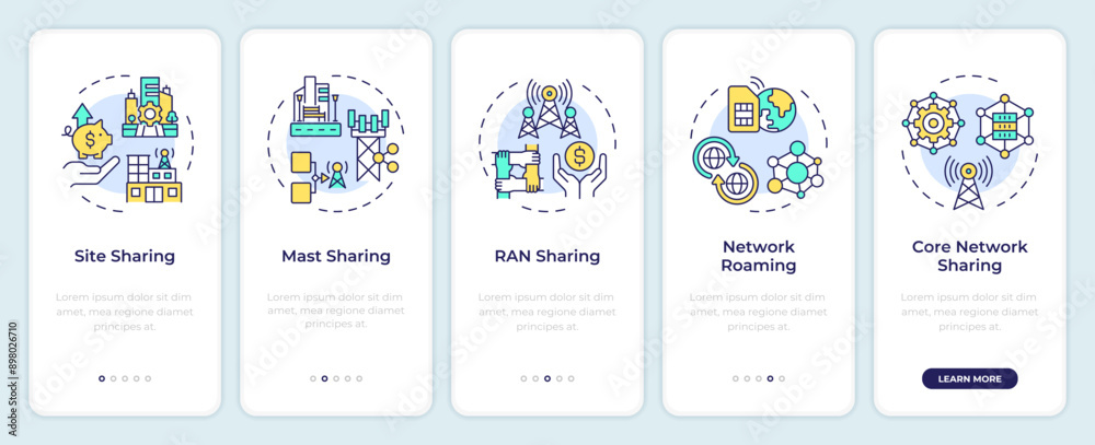 Telecom infrastructure sharing onboarding mobile app screen. Walkthrough 5 steps editable graphic instructions with linear concepts. UI, UX, GUI template. Montserrat SemiBold, Regular fonts used Telecom infrastructure sharing onboarding mobile app screen. Walkthrough 5 steps editable graphic instructions with linear concepts. UI, UX, GUI template. Montserrat SemiBold, Regular fonts used
