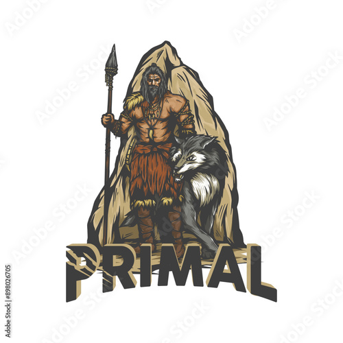 prehistoric warrior standing with a wolf