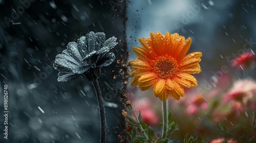 A split image showing resilience: one side dark and stormy with a wilting flower, the other side bright and sunny with a flower in full bloom. Represents resilience