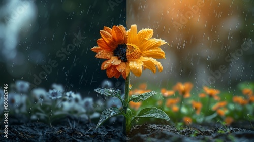 A split-screen image of a flower garden depicts the duality of the weather