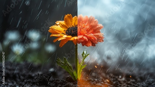 A flower blooms in contrasting weather, a split image showcasing rain on one side and sunshine on the other. It's meant to symbolize resilience in full bloom