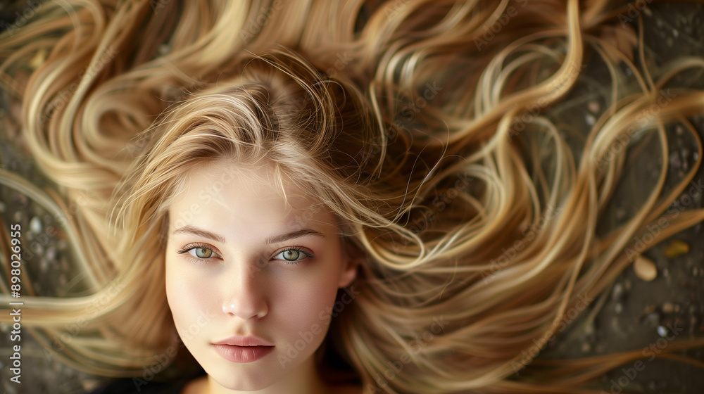 Naklejka premium Young beautiful woman with flowing blond hair and a top view.