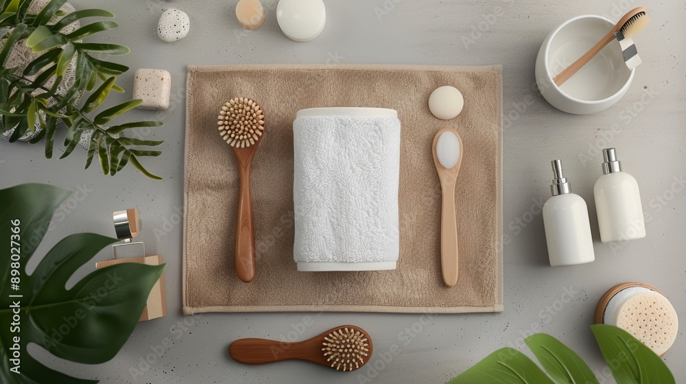Flat lay of a modern minimalist bathroom, showcasing simplicity and luxury in personal care Flat lay of a modern minimalist bathroom, showcasing simplicity and luxury in personal care
