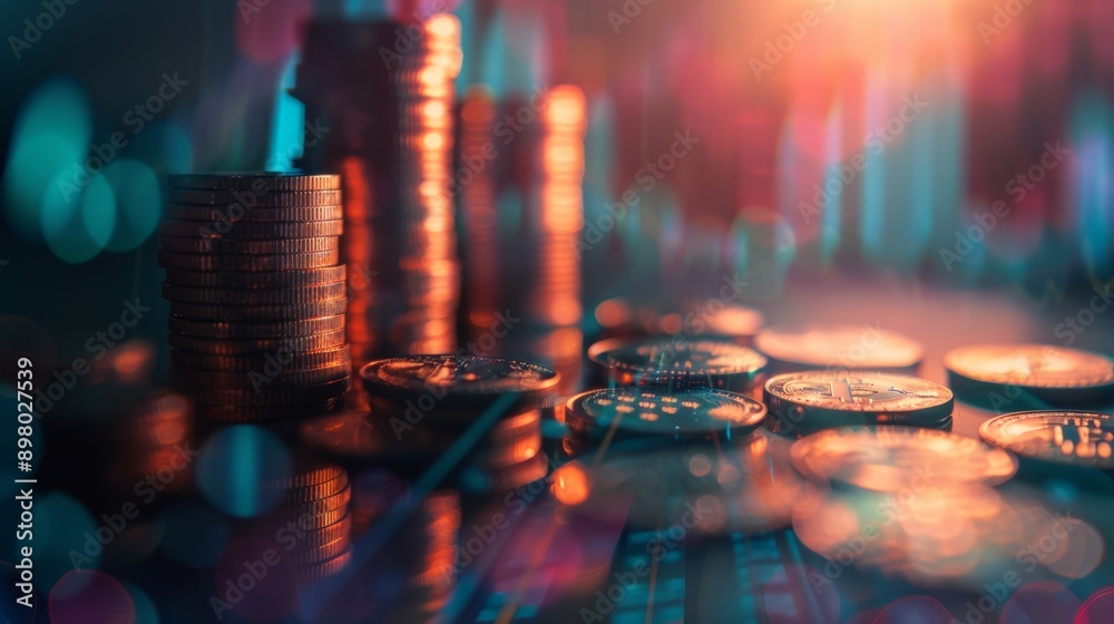 A pile of gold coins and stock chart background A pile of gold coins and stock chart background