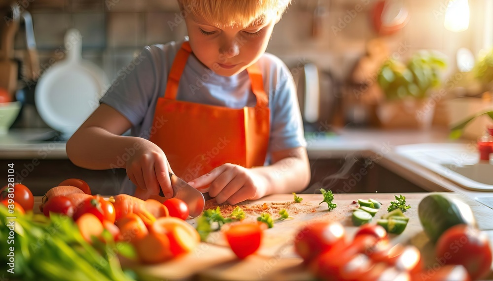 A kid learning to cut vegetables, educational cooking concept, editorial advertising photography, bright and modern kitchen setting, empty copy space for text on side A kid learning to cut vegetables, educational cooking concept, editorial advertising photography, bright and modern kitchen setting, empty copy space for text on side