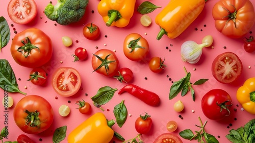 Vibrant flat lay of fresh, organic vegetables, inspiring healthy eating with a minimalist approach