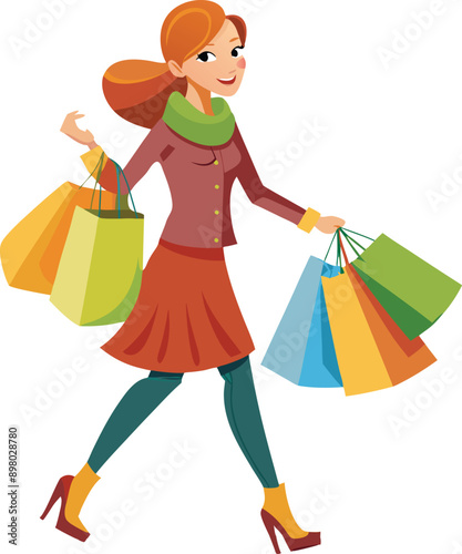 Happy shopper woman walking and holding shopping bags