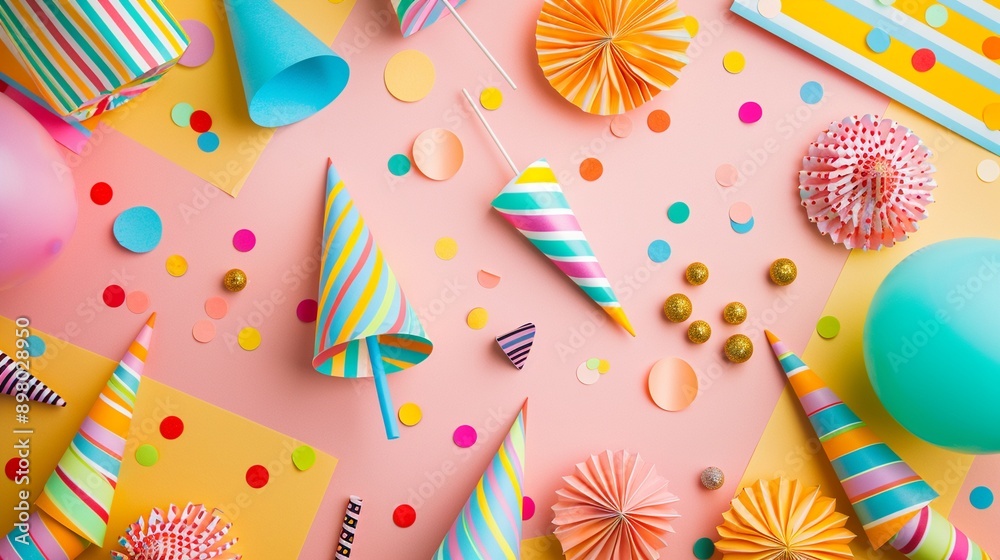 Vibrant flat lay of minimalist party decor, inviting simplicity and style into celebrations