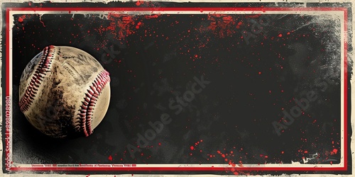 Old Worn-Out Baseball on Dark Gray Banner with Red Borders and White Center for Sports-Themed Designs