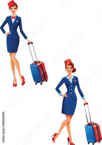Two elegant flight attendants walking with their suitcases