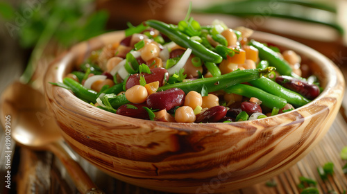 Three Bean Salad | Green Beans, Kidney Beans, and Garbanzo Beans with Onions and Tangy Vinaigrette | Fresh and Flavorful | High-Quality Adobe Stock Photo | Ideal for Menus and Recipes photo