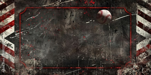 Old Worn-Out Baseball on Dark Gray Banner with Red Borders and White Center for Sports-Themed Designs