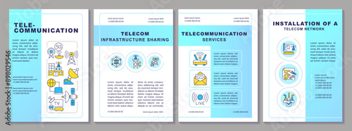 Telecommunication blue gradient brochure template. Leaflet design with linear icons. Editable 4 vector layouts for presentation, annual reports. Arial-Black, Myriad Pro-Regular fonts used