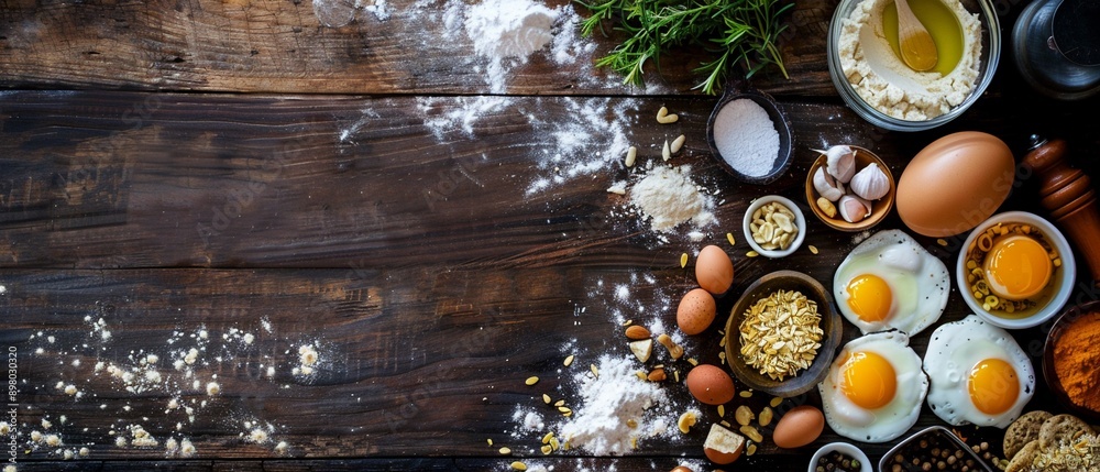 Elegant culinary flat lay of gourmet ingredients on a rustic table, blending simplicity with culinary art Elegant culinary flat lay of gourmet ingredients on a rustic table, blending simplicity with culinary art