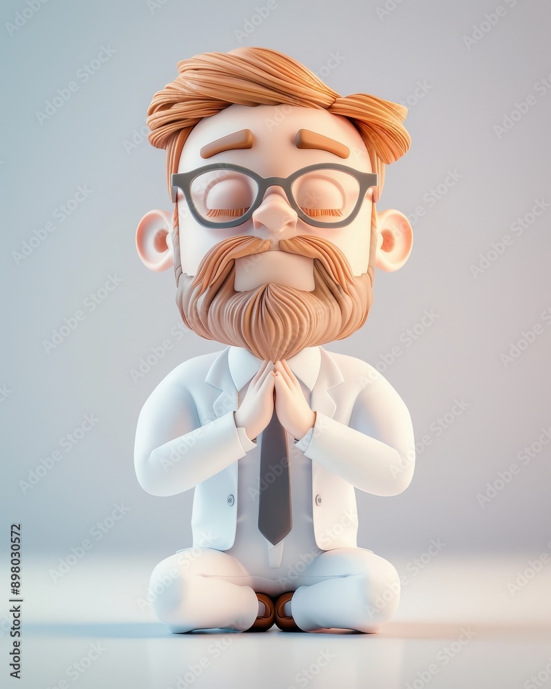 A cartoon man with glasses and a beard is sitting cross legged and praying. He is wearing a white shirt and a tie A cartoon man with glasses and a beard is sitting cross legged and praying. He is wearing a white shirt and a tie