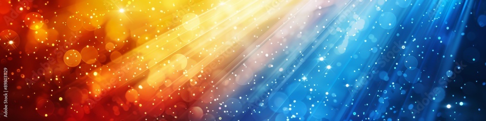 Obraz premium Asymmetrical Blue and Red Light Burst: Abstract Minimalist Concept with Radiant Beams on Dual-Toned Background. Enchanting Blue, Red, and Yellow Illumination Creating Celebratory Atmosphere. Festive 4