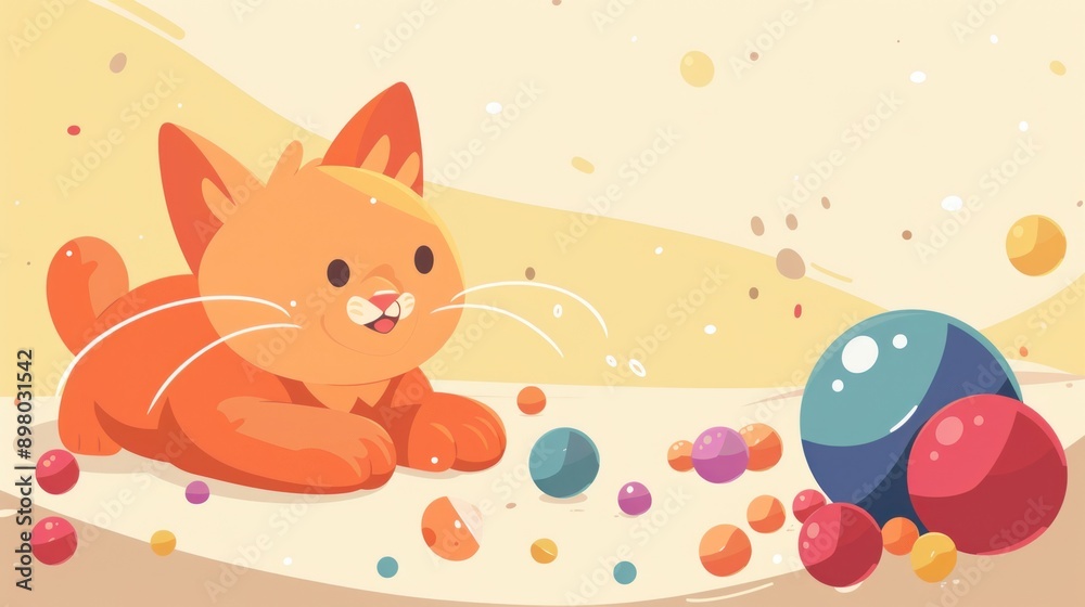 Cute Cartoon Cat Playing with Colorful Balls Cute Cartoon Cat Playing with Colorful Balls