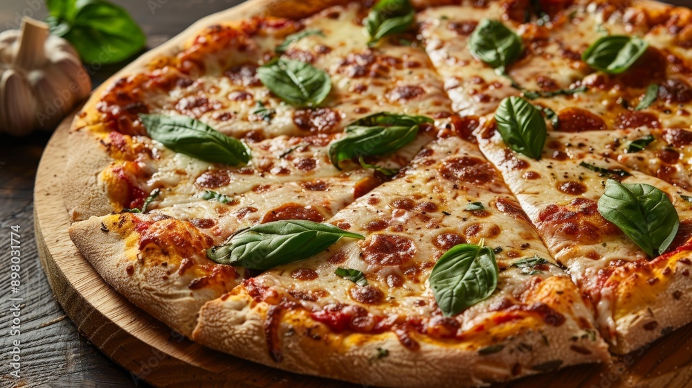 A slightly angled close up photo shows a cut margherita pizza with basil. It sits on a wooden board with garlic and herbs visible as a background element.