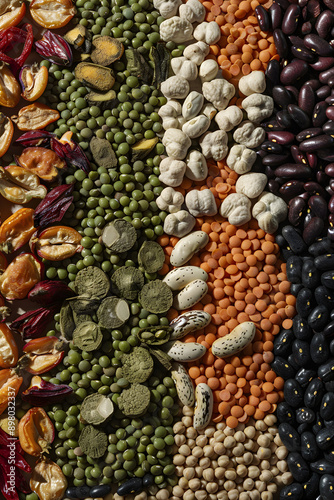 Assorted Legumes: A Diverse Display of Lentils, Chickpeas, Black Beans, and Green Peas Highlighting Healthy Diets and Culinary Use