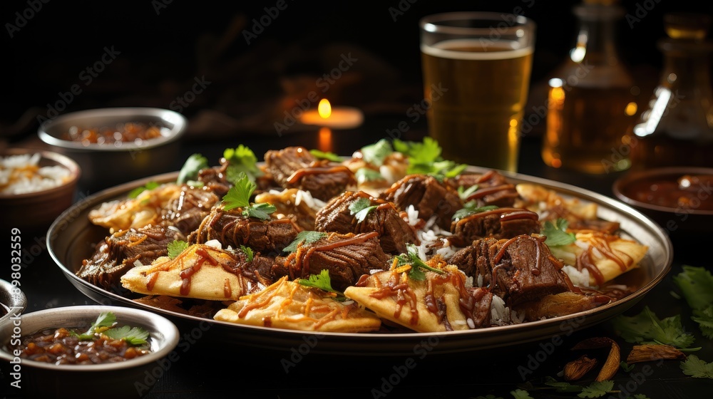 A plate of biryani with a bunch of food on it , A plate of biryani with a bunch of food on it ,