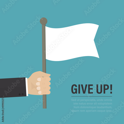 Businessman hand holding a white flag. Business errors, failure and problems. Symbol give up. Surrendering concept. Message truce. Close up view
