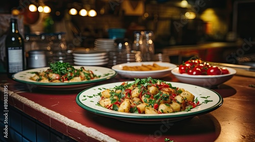 A plate of food on a counter in a restaurant. Suitable for restaurant promotions   © Ghulam