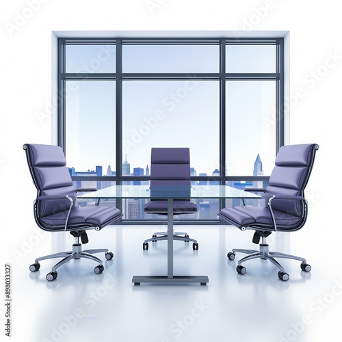 Modern conference room with glass table and office chairs, city skyline view from large window, bright and professional workspace.