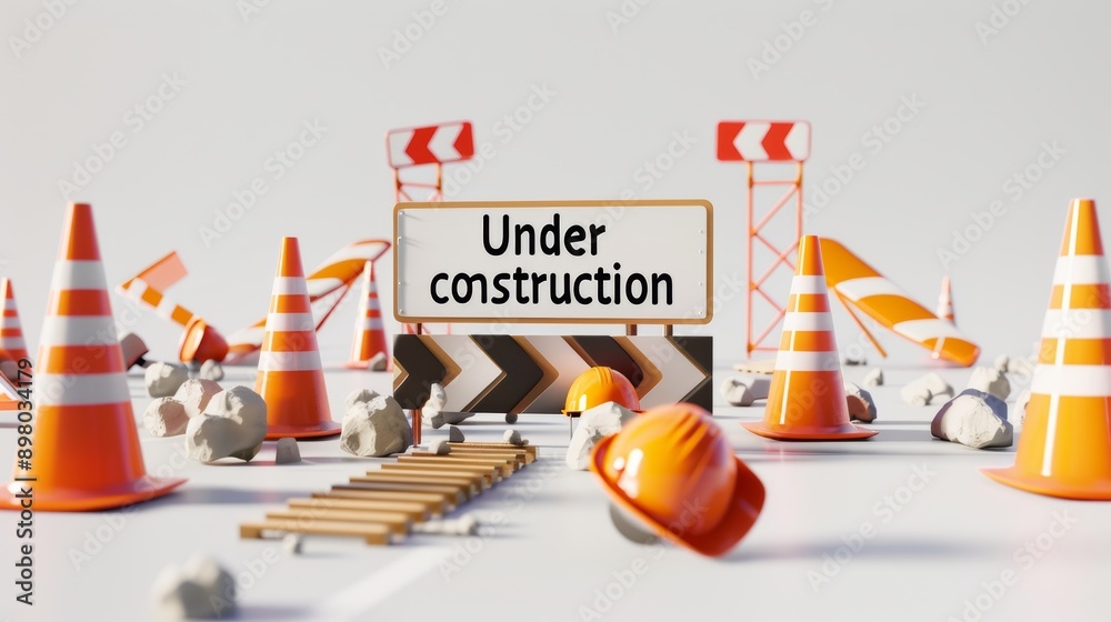 © Oulaphone - Under construction sign with traffic cones and hard hats on white background. © Oulaphone - Under construction sign with traffic cones and hard hats on white background.