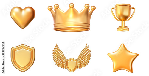 3d golden set of heart, crown, trophy cup, shield, wings, star. Stock vector illustration on isolated background.