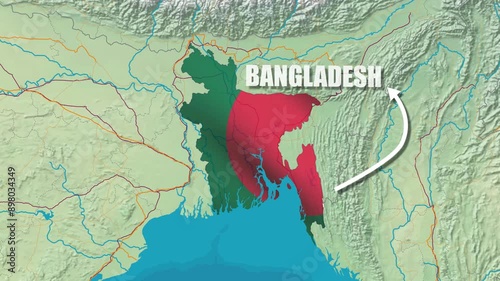 Map of Banladesh, zooming animation Banladesh map flag rotating With text Showing 4K Video Full HD