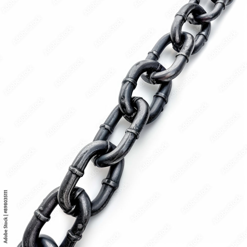 A close-up view of a black metal chain with individual links