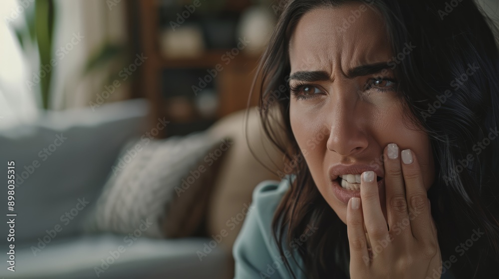 Woman experiencing severe toothache at home, displaying pain and discomfort at living home. Woman experiencing severe toothache at home, displaying pain and discomfort at living home.